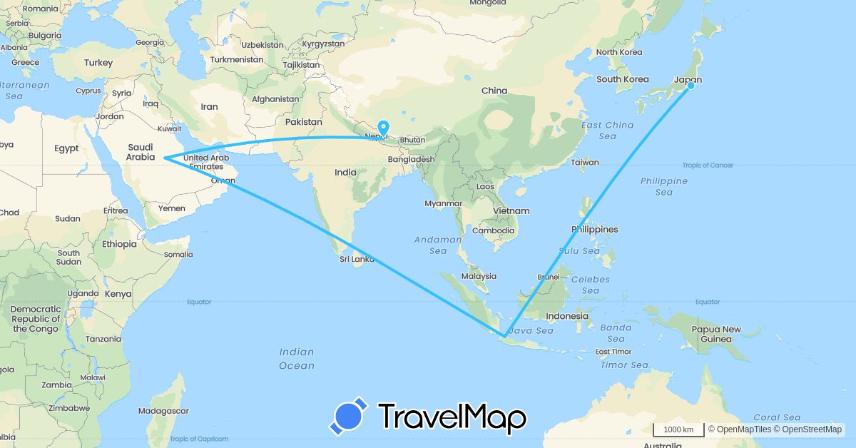 TravelMap itinerary: driving, boat in Indonesia, Japan, Nepal, Saudi Arabia (Asia)